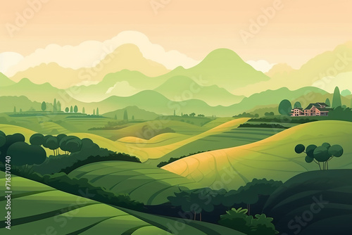 Tea plantation fields, cascade valley landscape with mount scenery. Chinese or Sri Lanka meadows with mountains backdrop, terraced agriculture. Asian plants cultivation, rural © Anastasiia
