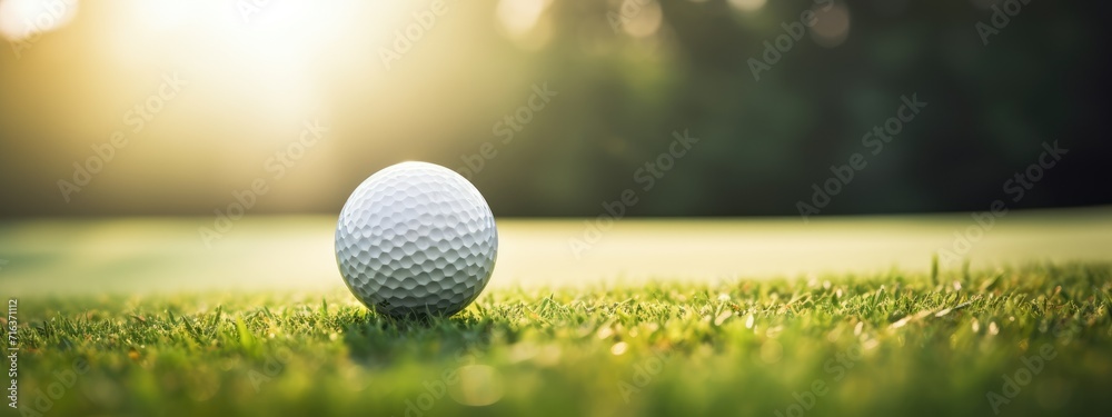 Green grass with golf ball close-up in soft focus at sunlight. Sport playground for golf club concept Green grass with golf ball close-up in soft focus at sunlight. Sport playground for golf club concept
