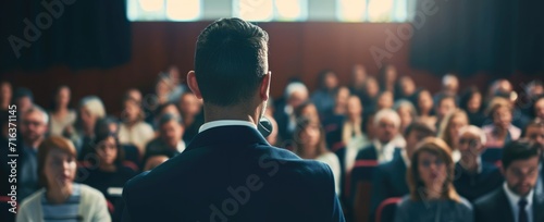 Speaker at Business Conference and Presentation. A speaker presents at a conference to an attentive audience, exemplifying leadership and knowledge exchange. AI generated