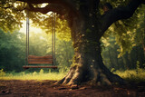 Generative AI Image of Wooden Swing Hanging on a Tree in the Forest in Bright Day