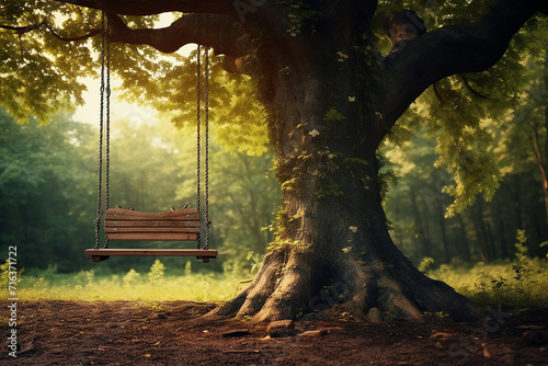 Generative AI Image of Wooden Swing Hanging on a Tree in the Forest in Bright Day photo