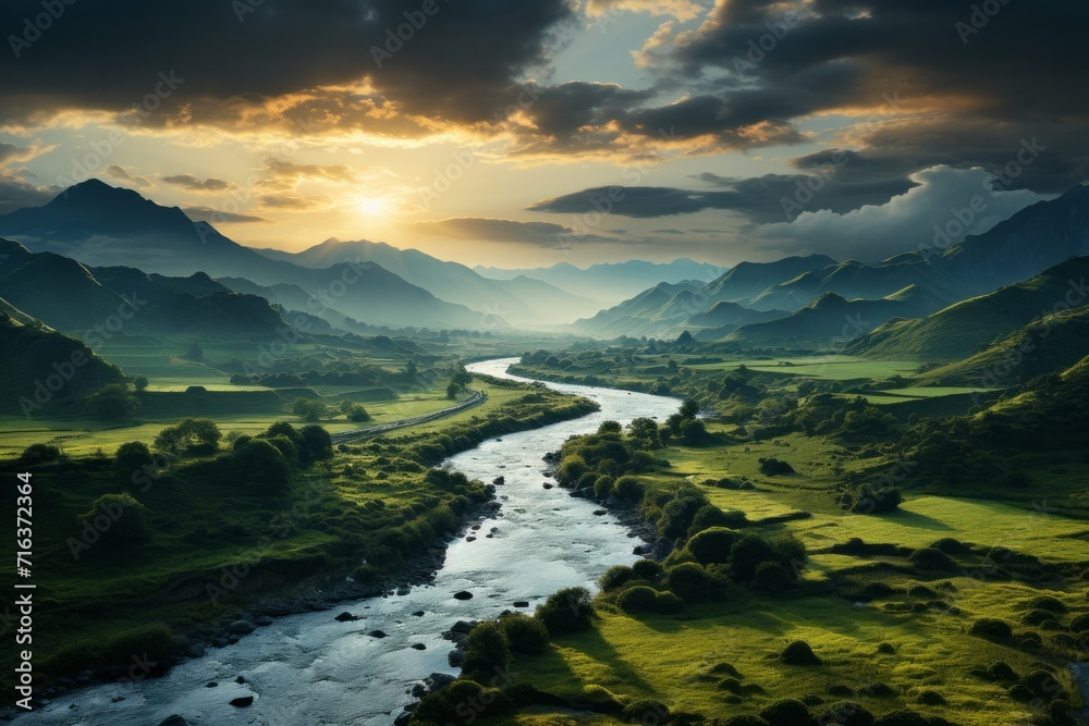Dramatic cloud-filled sky above a lush green valley, Generative AI Dramatic cloud-filled sky above a lush green valley, Generative AI