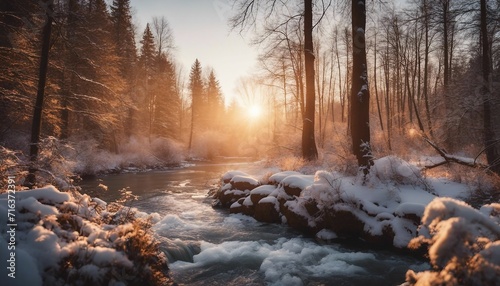the river flowing through the snowy and wooded forest at sunset, golden hour 
