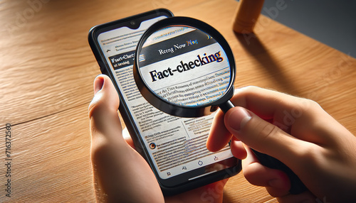 Hand holding a magnifying glass to fact check a news article.Fact checking is the process of verifying the factual accuracy of questioned reporting and statements.