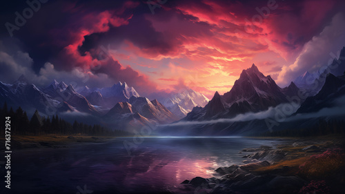 massive mountain vista at sunset with pink clouds and tall frosted peaks