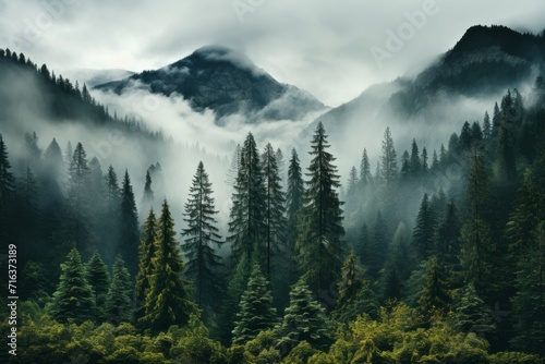 Dreamy forest engulfed in fog and low-hanging clouds, Generative AI