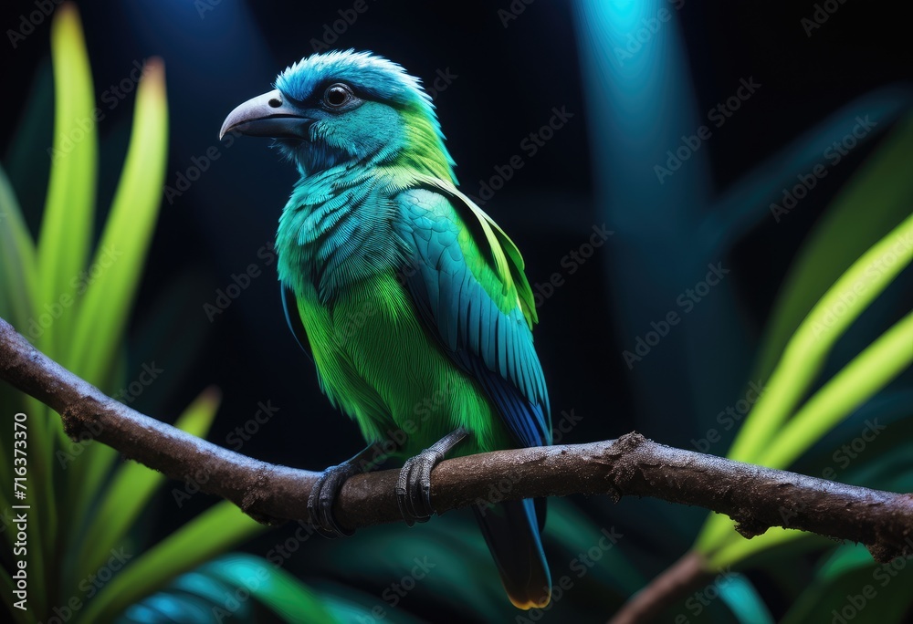 tropical bird perched on a neon-lit branch, bathed in green and blue light