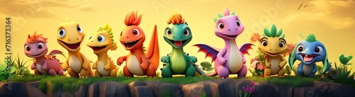 Whimsical cartoon dragons and dinosaurs portrayed as friends, sharing happy moments of joy and play for children. photo