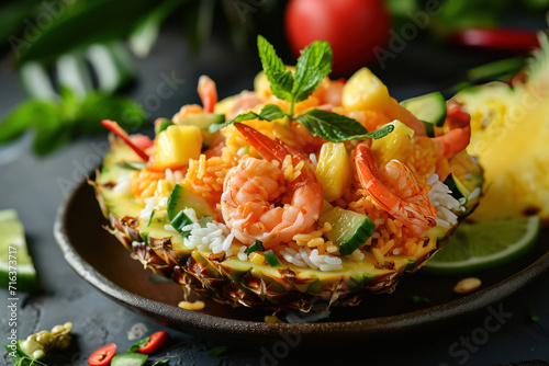 Mouth-watering pineapple filled with shrimp and vegetable salad. 