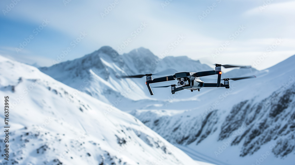Quadcopter drone flying over snowy mountains, capturing winter landscape, technology and exploration concept