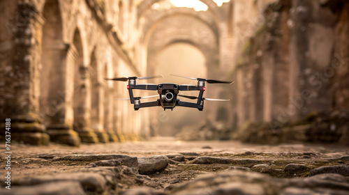 Quadcopter drone with camera flying in a historic stone corridor with warm lighting, capturing ancient architecture and technological contrast