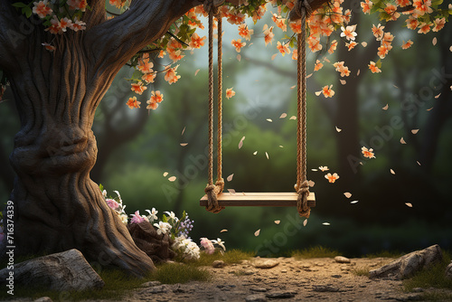 Generative AI Image of Wooden Swing in the Park with Floral in Spring