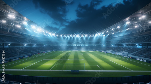 Night time Soccer Stadium Illuminated with Bright Lights  Green Field  and Soccer Ball