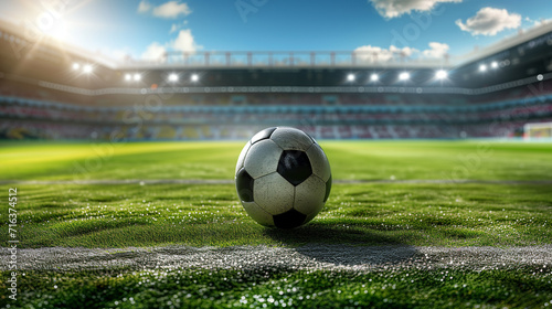 Soccer ball rests on a vibrant green field under the blue sky, embodying the essence of sports, fun, and team play in a lively game atmosphere