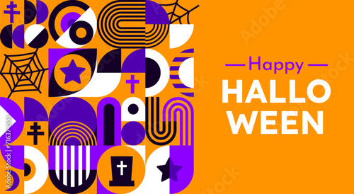Halloween abstract modern geometric pattern, combines bold shapes and eerie elements, evoking a stylish yet spooky atmosphere. Vector background with purple, black, orange and white colors