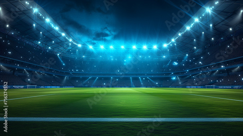 Night time Soccer Stadium Illuminated with Bright Lights, Green Field, and Soccer Ball