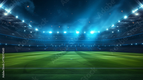Night time Soccer Stadium Illuminated with Bright Lights, Green Field, and Soccer Ball © LookChin AI