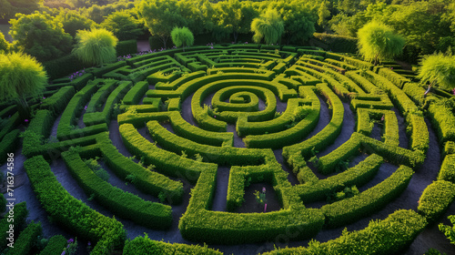 Lush green garden maze photographed from above during sunset, showcasing a beautifully manicured circular labyrinth design