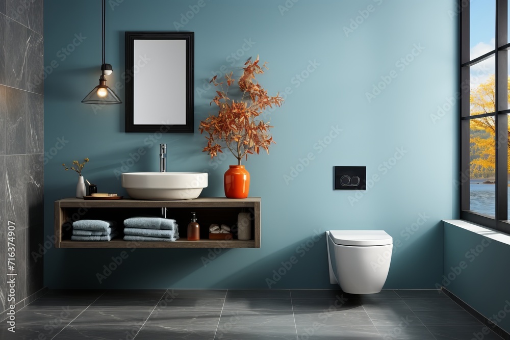 Contemporary hotel bathroom toilet with dark gray stone accents and a bidet, on an isolated blue background, Generative AI Contemporary hotel bathroom toilet with dark gray stone accents and a bidet, on an isolated blue background, Generative AI