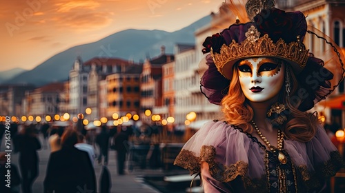 The Carnival of Venice, woman wearing beautiful mask Evening town. Generative AI © anna