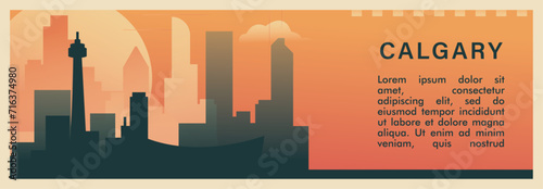 Calgary city brutalism vector banner with skyline, cityscape. Canada, Alberta province retro horizontal illustration, travel layout for web presentation, header, footer