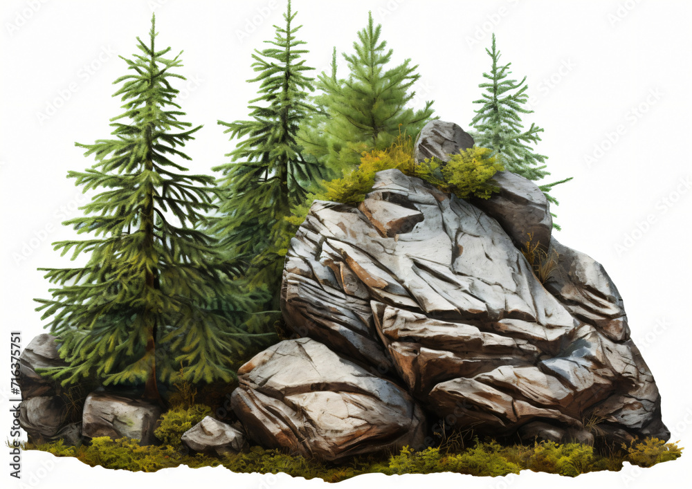Cutout rock surrounded by fir trees. Garden desigin