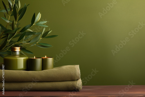 Olive green Spa background, wellness, skincare, massage foot therapy, therapist massage background, aromatherapy massage, thai, Asian, facial, pedicure, medicure, relax spa, towels, Spa stones