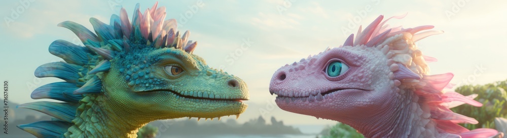 Playful cartoon dragons and dinosaurs portrayed as friends, fostering a sense of childhood camaraderie.