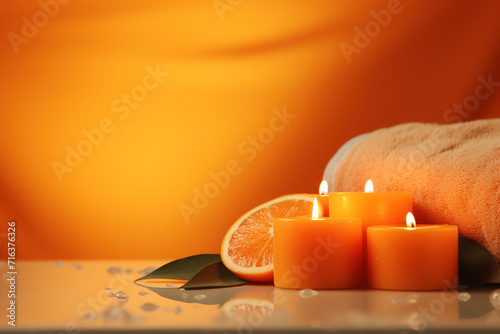 Orange Spa background, wellness, skincare, massage foot therapy, therapist massage background, aromatherapy massage, thai, Asian, facial, pedicure, medicure, relax spa, towels, Spa stones photo