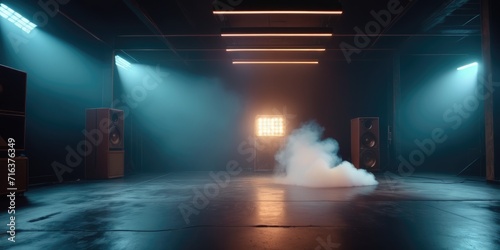 empty studio room with an asphalt floor, filled with rising smoke, under the glow of neon lights and spotlights.