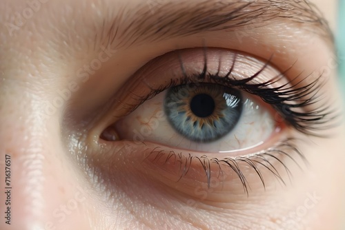 Close up shot of a female blue grey eye with long eyelashes. Human eye image for design, artwork, template