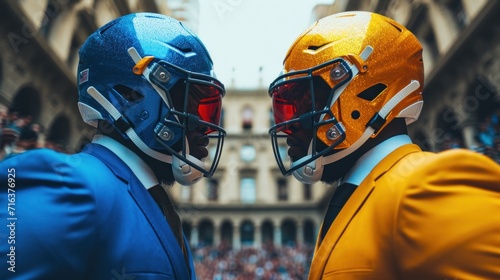 Two male businessmen in football helmets stand face to face. Rivalry concept