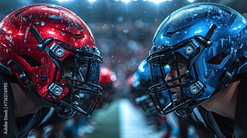 Two teams of men in football helmets stand face to face. Rivalry concept