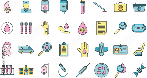 Blood donation icons set. Outline set of blood donation vector icons thin line color flat on white
