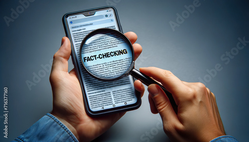 Hand holding a magnifying glass to fact check a news article.Fact checking is the process of verifying the factual accuracy of questioned reporting and statements. photo