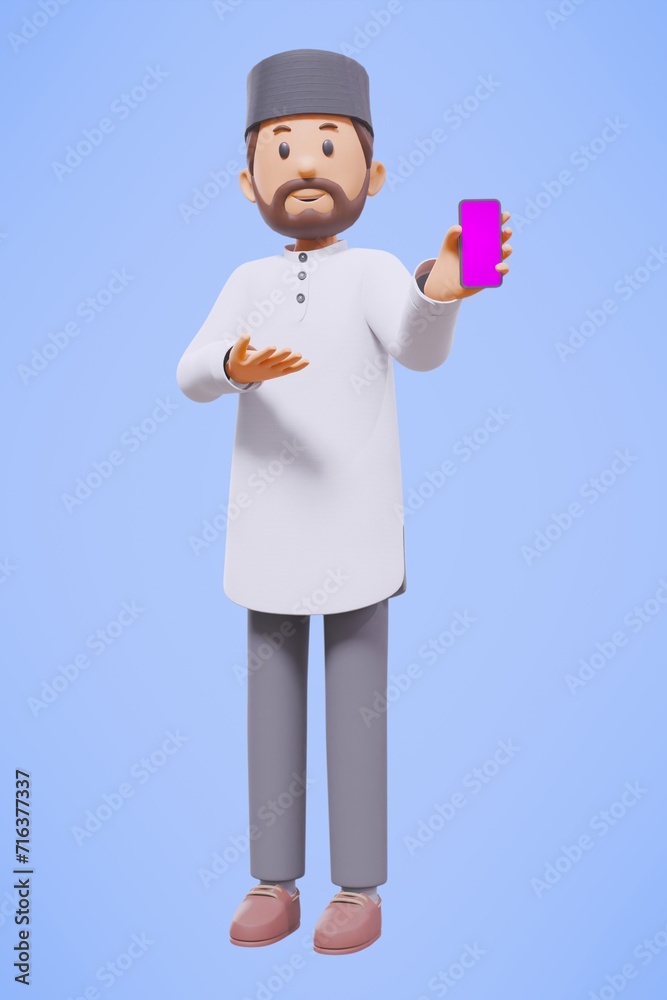 3d man muslim greeting, greeting, pointing and holding phone while smiling with blue background 3d man muslim greeting, greeting, pointing and holding phone while smiling with blue background
