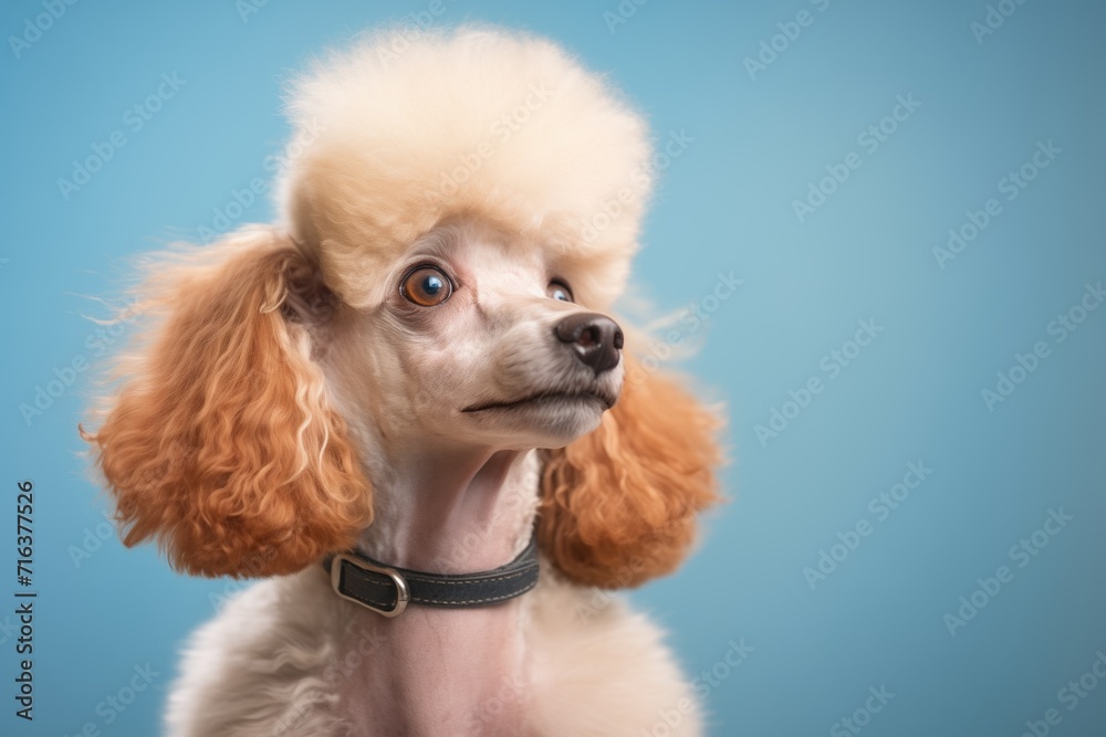 young poodle looking curious with head tilt
