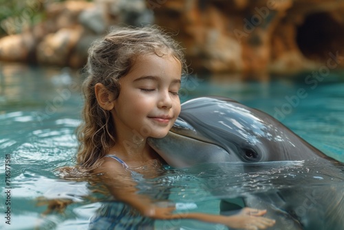 Young Child Girl Engaging With a Dolphin in Clear Waters During a Sunny Day photo