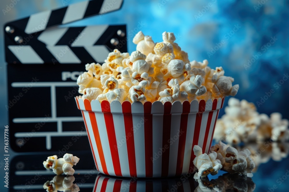 Freshly Popped Popcorn in a Classic Red and White Stripe Cup With a Movie Clapperboard in the Background Freshly Popped Popcorn in a Classic Red and White Stripe Cup With a Movie Clapperboard in the Background
