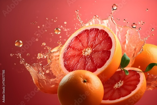 Fresh grapefruit flying with water splashes on bright color background