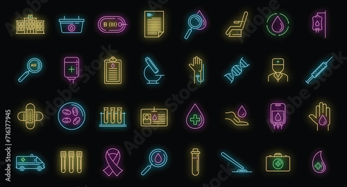 Blood donation icons set. Outline set of blood donation vector icons neon color on black