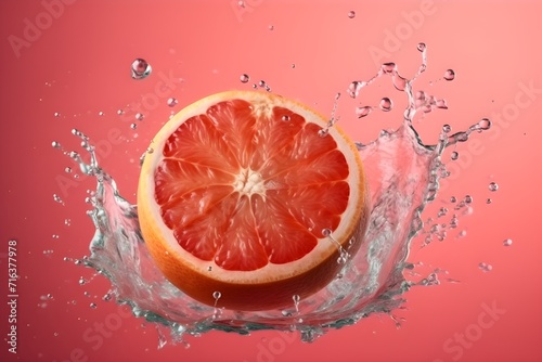 Fresh grapefruit flying with water splashes on bright color background