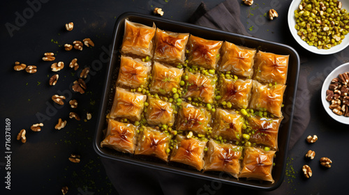 Delicious baklava with walnuts in baking pan hone photo