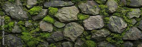 Lush green moss on a rugged stone wall, seamless nature background texture #716378314