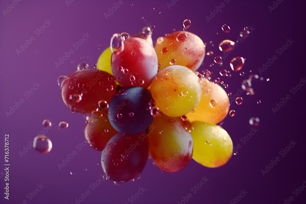 Fresh grapes flying with water splashes on bright color background Fresh grapes flying with water splashes on bright color background