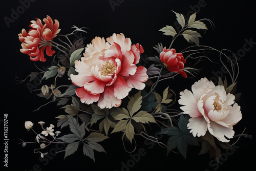 Dive into the depths of creativity with this dark-themed flower artwork showcasing the seamless integration of traditional techniques and the futuristic touch of AI generative artistry.