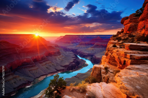 Witness the breathtaking vista of the Grand Canyon bathed in the warm hues of a vibrant sunset. Nature s wonder now AI generated. AI generative.