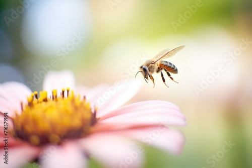 bee landing on a coneflower with blurred garden background photo