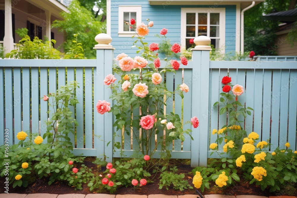 a freshly painted fence with climbing roses and perennials