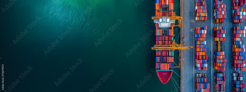Aerial view of a cargo ship loaded with colorful containers at a commercial dock, representing global trade and logistics - obrazy, fototapety, plakaty 